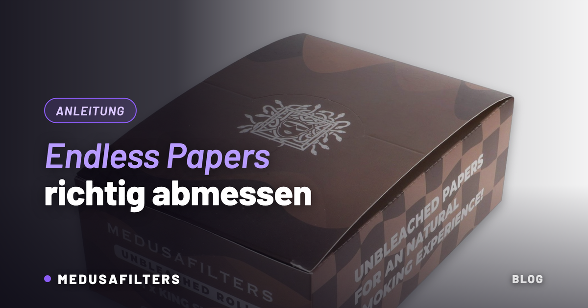 Display mit Medusafilters Endless Papers, 6 Meter King Size Slim, ungebleicht