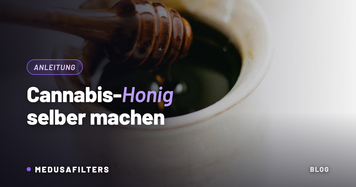 Cannabis-Honig selber machen: Honiglöffel aus Holz in einem Keramiktopf mit dunklem Honig