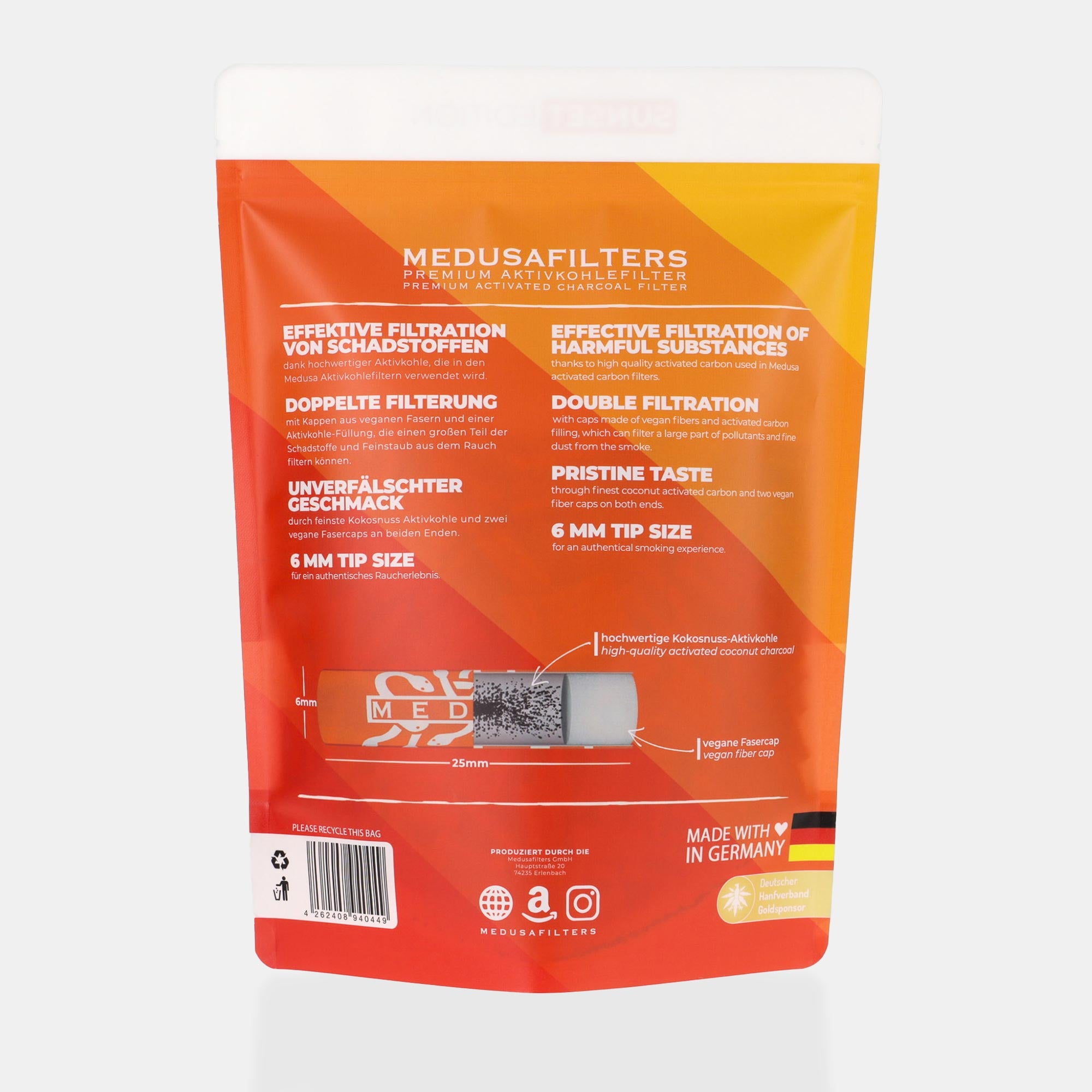 Medusafilters Premium Aktivkohlefilter mit Kokosnuss-Aktivkohle und veganen Fasercaps 1000er Packung SUNSET Edition Tip Size 6 mm RĂŒckseite