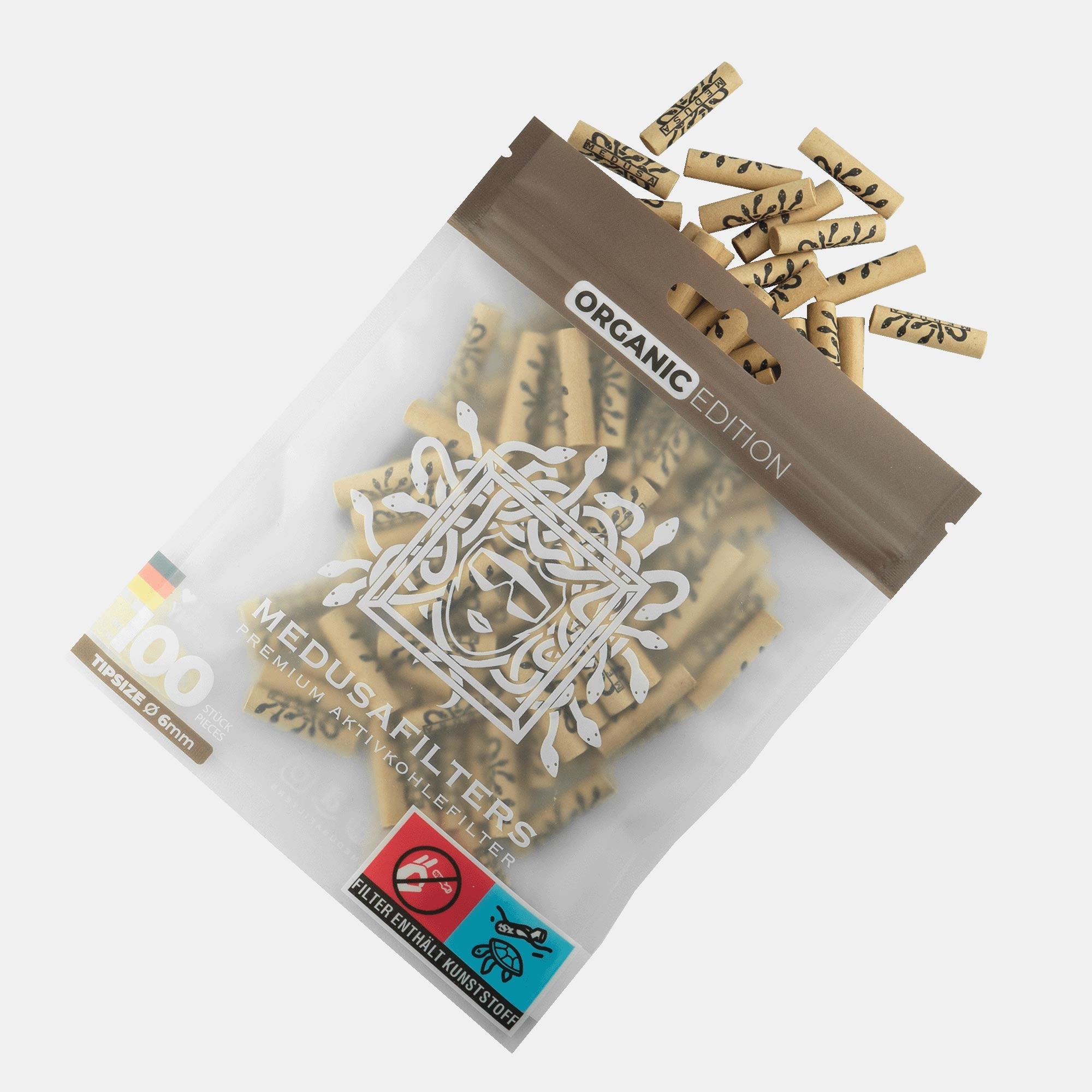 Medusafilters Premium Aktivkohlefilter mit Kokosnuss-Aktivkohle und veganen Fasercaps 100er Packung ORGANIC Edition Tip Size 6 mm Frontansicht