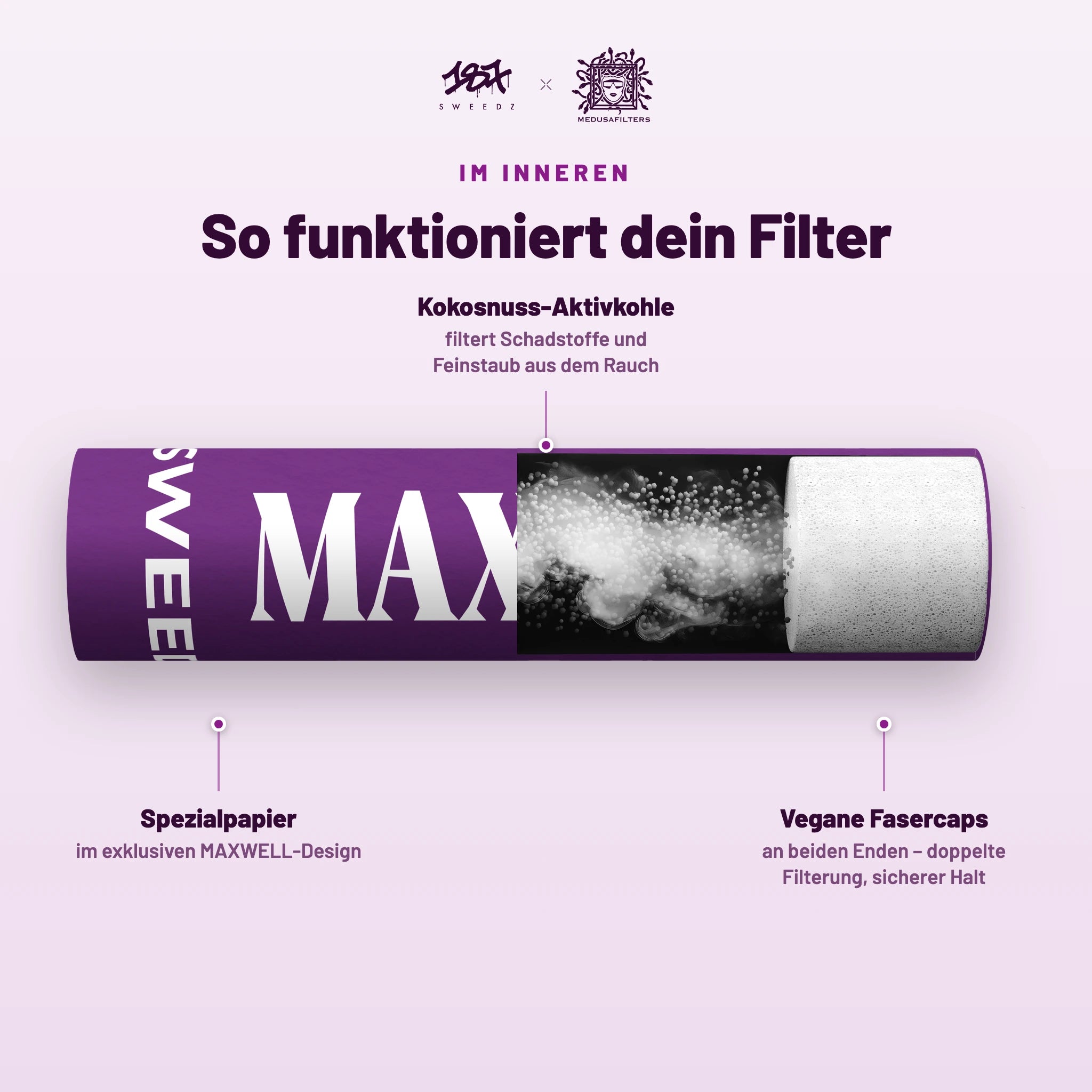 So funktioniert der 187 Sweedz Aktivkohlefilter – Querschnitt im MAXWELL-Design mit Kokosnuss-Aktivkohle und veganen Fasercaps