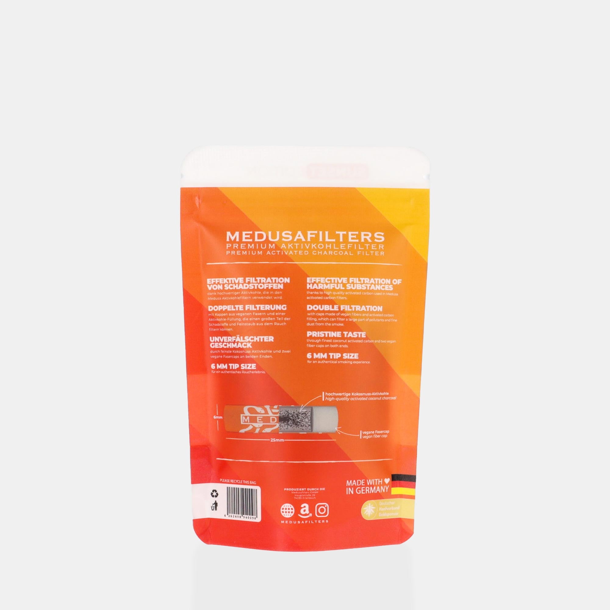 Medusafilters Premium Aktivkohlefilter mit Kokosnuss-Aktivkohle und veganen Fasercaps 50er Packung SUNSET Edition Tip Size 6 mm Rückseite