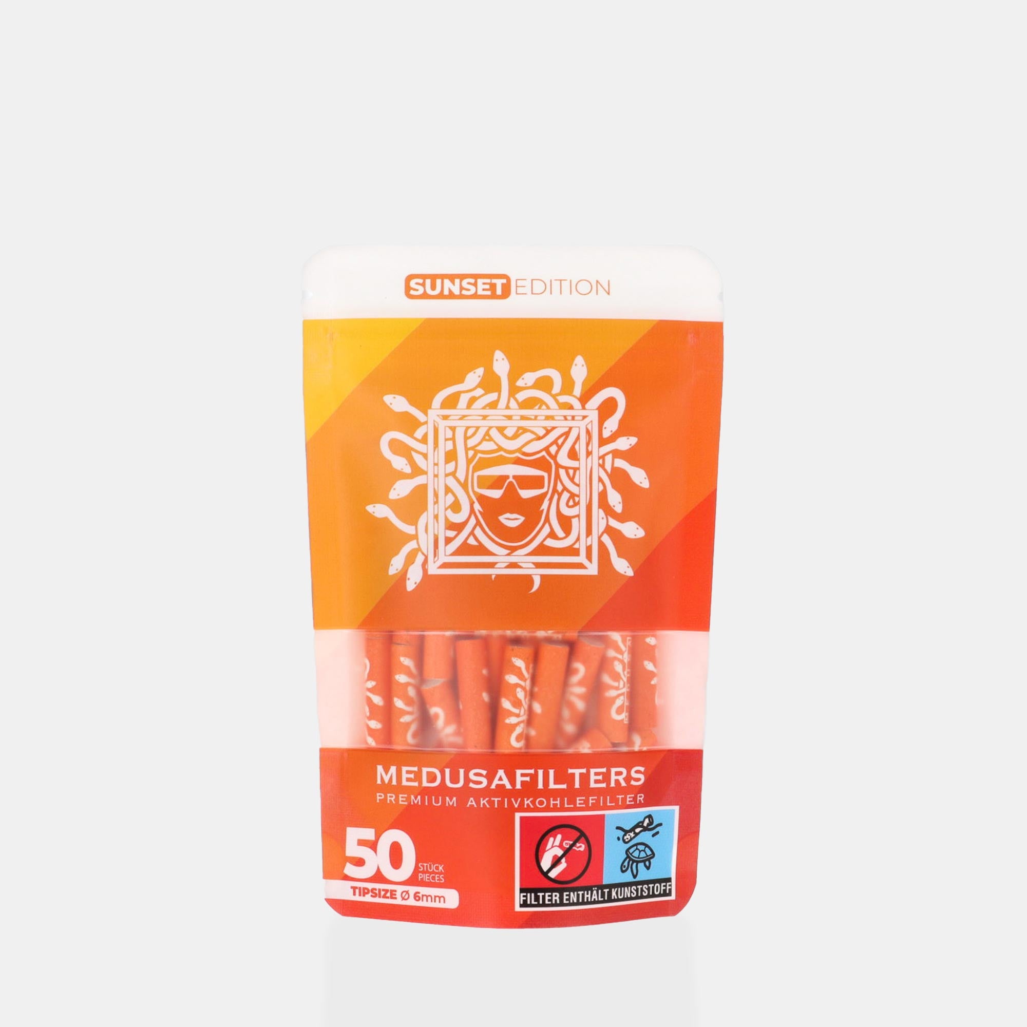 Medusafilters Premium Aktivkohlefilter mit Kokosnuss-Aktivkohle und veganen Fasercaps 50er Packung SUNSET Edition Tip Size 6 mm Frontansicht