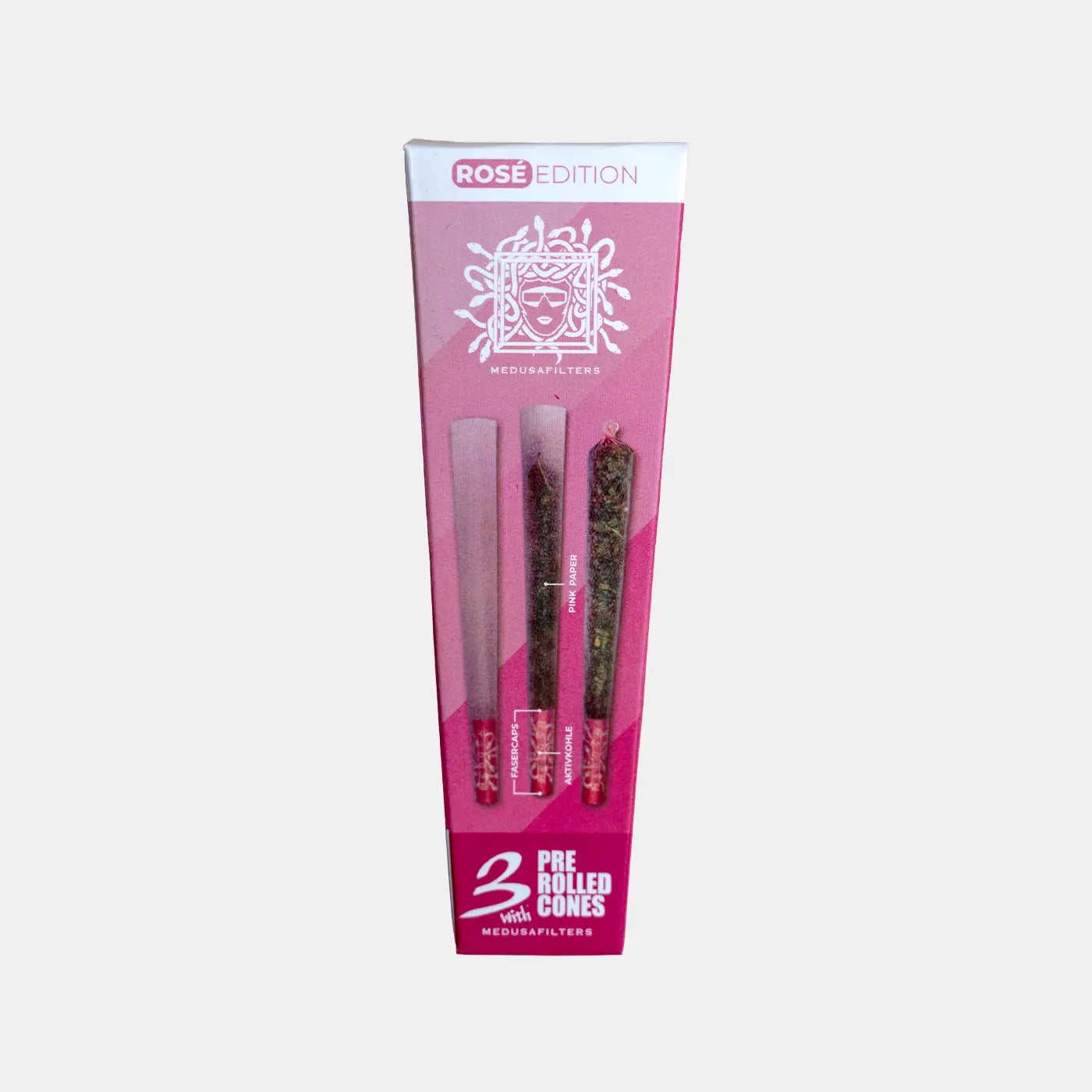 Medusafilters 3 Pre Rolled Cones mit ROSÉ Longpapers King Size Slim und Premium Kokosnuss-Aktivkohlefilter ROSÉ Edition Tip Size 6 mm Frontansicht