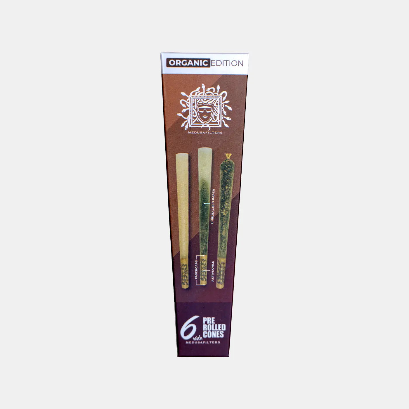Medusafilters 6 Pre Rolled Cones mit UNBLEACHED Longpapers King Size Slim und Premium Kokosnuss-Aktivkohlefilter ORGANIC Edition Tip Size 6 mm Frontansicht