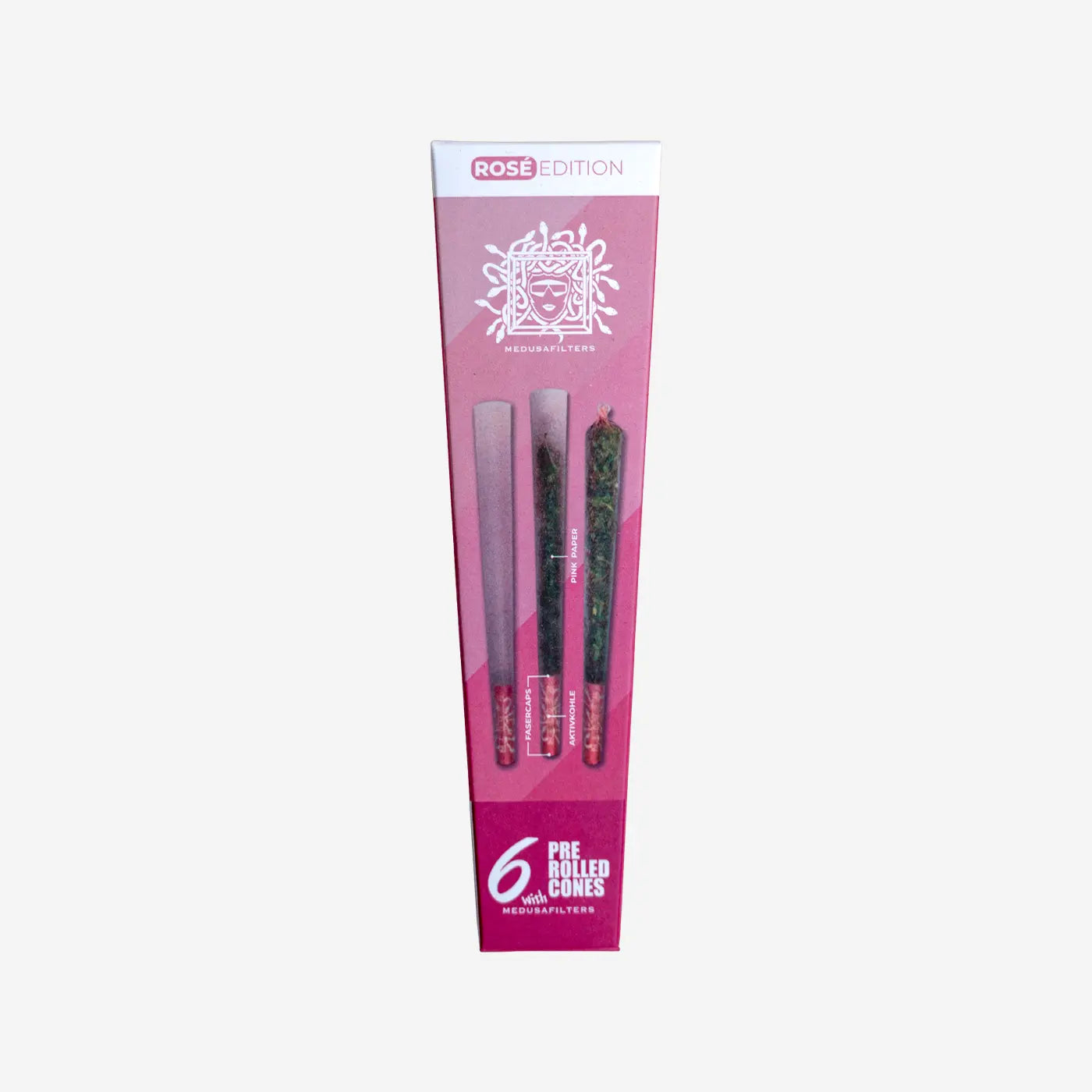 Medusafilters 6 Pre Rolled Cones mit ROSÉ Longpapers King Size Slim und Premium Kokosnuss-Aktivkohlefilter ROSÉ Edition Tip Size 6 mm Frontansicht