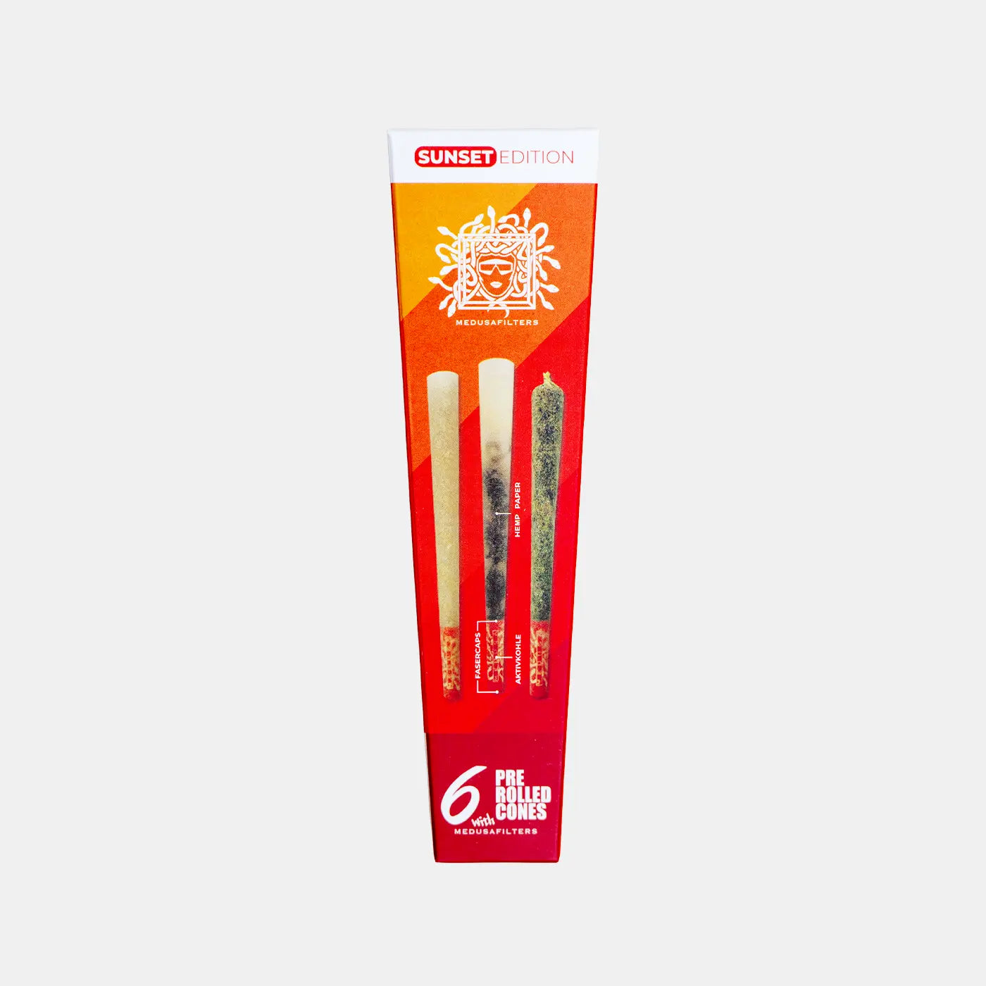Medusafilters 6 Pre Rolled Cones mit HEMP Longpapers King Size Slim und Premium Kokosnuss-Aktivkohlefilter SUNSET Edition Tip Size 6 mm Frontansicht