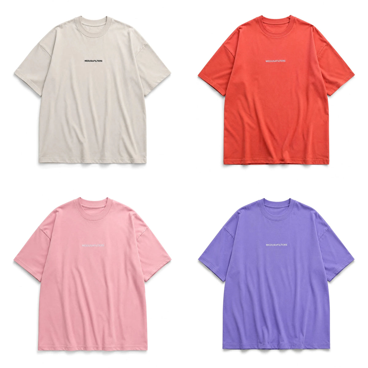 Medusafilters T-Shirts in Beige, Orange, Rosé und Violet, Vorderseiten nebeneinander