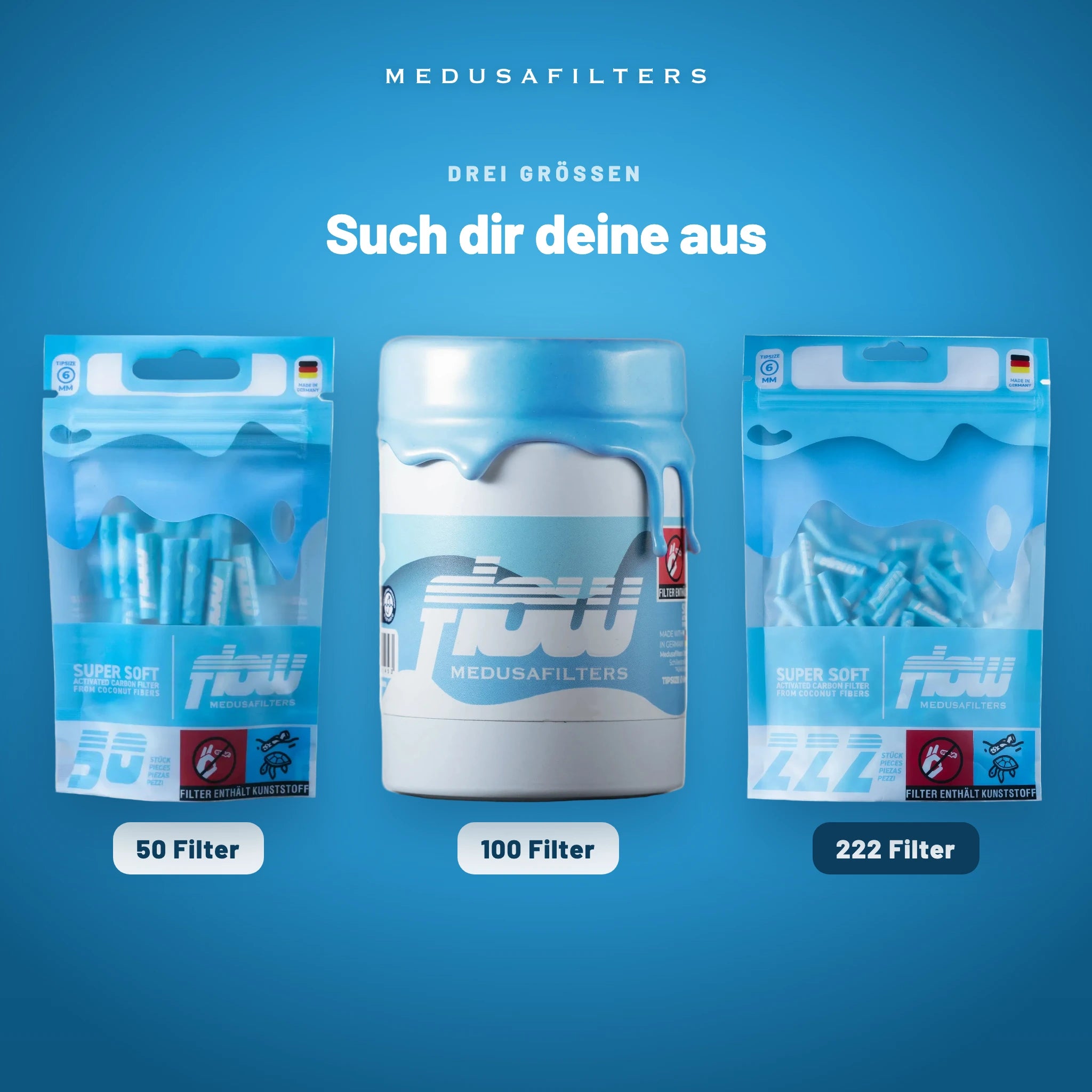 FLOW by Medusafilters Aktivkohlefilter 6 mm – 222 Filter – Alle drei Größen