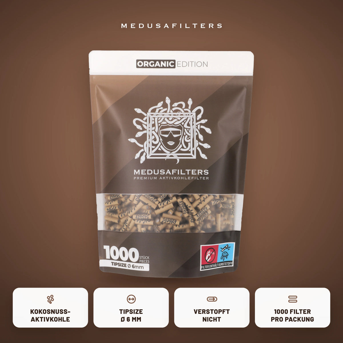 Medusafilters Aktivkohlefilter 6 mm ORGANIC Edition, 1000er-Packung, Kokosnuss-Aktivkohle, Tipsize 6 mm