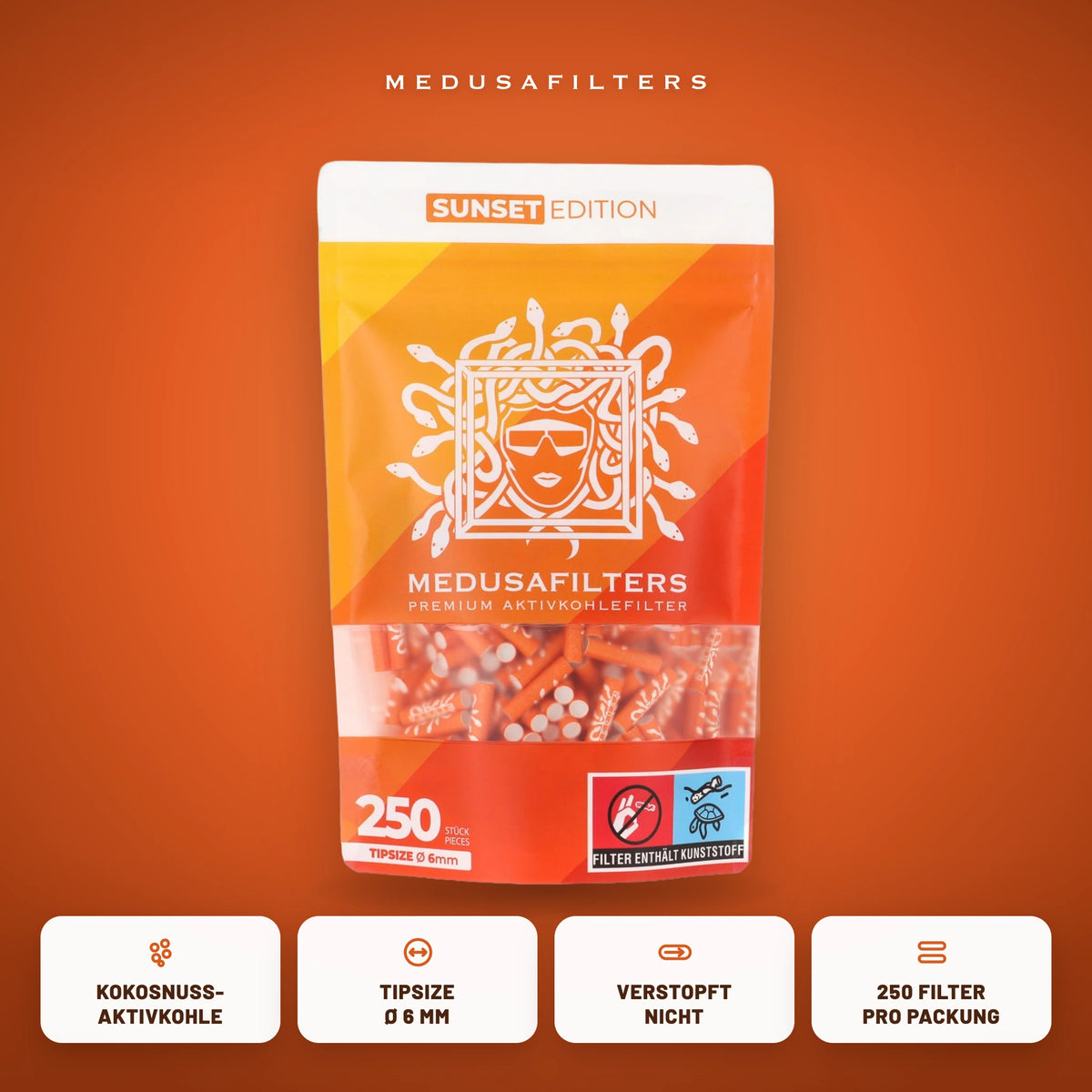 Medusafilters Aktivkohlefilter 6 mm SUNSET Edition, 250er-Packung, Kokosnuss-Aktivkohle, Tipsize 6 mm