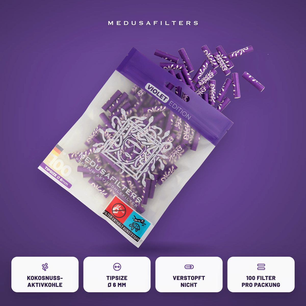 Medusafilters Aktivkohlefilter 6 mm VIOLET Edition, 100er-Packung, Kokosnuss-Aktivkohle, Tipsize 6 mm