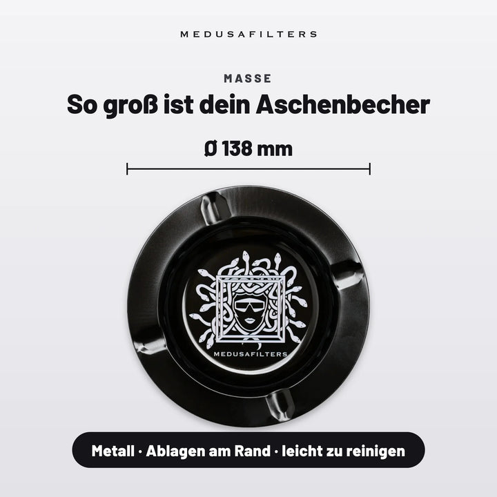 So groß ist dein Aschenbecher: BLACK, Ø 138 mm, aus Metall mit Ablagen am Rand, leicht zu reinigen