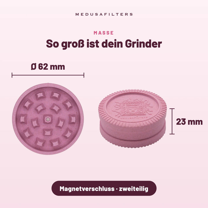So groß ist dein Grinder: ROSÉ, Draufsicht Ø 62 mm und Seitenansicht 23 mm hoch, Magnetverschluss, zweiteilig