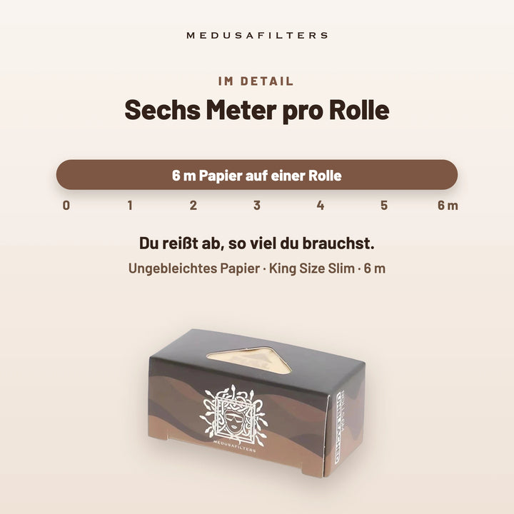 Sechs Meter pro Rolle: Maßband von 0 bis 6 m über der Endless-Rolls-Box ORGANIC. Du reißt ab, so viel du brauchst. Ungebleichtes Papier, King Size Slim, 6 m