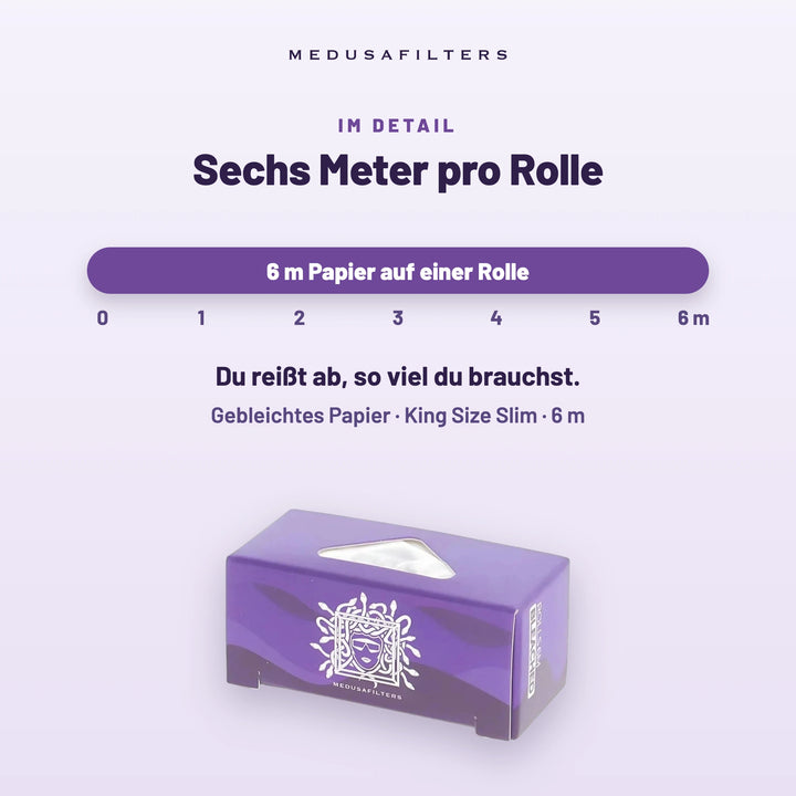 Sechs Meter pro Rolle: Maßband von 0 bis 6 m über der Endless-Rolls-Box VIOLET. Du reißt ab, so viel du brauchst. Gebleichtes Papier, King Size Slim, 6 m
