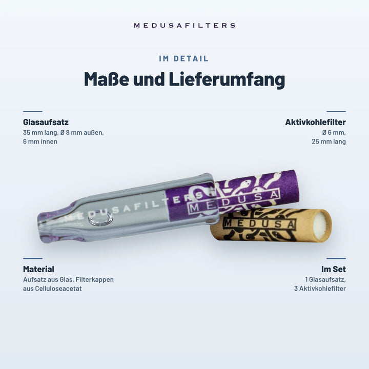 Maße und Lieferumfang: Glasaufsatz 35 mm lang, außen Ø 8 mm, innen 6 mm; Aktivkohlefilter Ø 6 mm, 25 mm lang; Aufsatz aus Glas, Filterkappen aus Celluloseacetat; im Set 1 Glasaufsatz und 3 Aktivkohlefilter