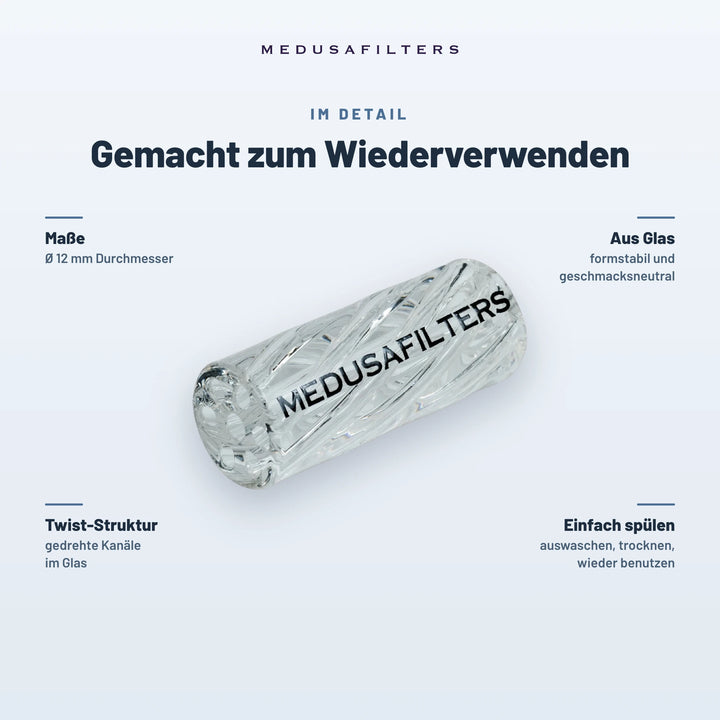 Gemacht zum Wiederverwenden: Twisted Glasfilter TRANSPARENT, Ø 12 mm. Aus Glas, formstabil und geschmacksneutral; Twist-Struktur mit gedrehten Kanälen; einfach spülen, trocknen, wieder benutzen