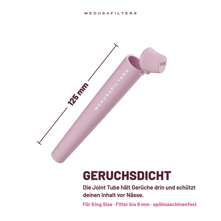 Joint Tube ROSÉ, 125 mm lang, mit geöffnetem Deckel. Geruchsdicht: hält Gerüche drin und schützt deinen Inhalt vor Nässe. Für King Size, Filter bis 9 mm, spülmaschinenfest