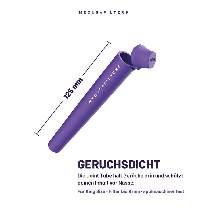 Joint Tube VIOLET, 125 mm lang, mit geöffnetem Deckel. Geruchsdicht: hält Gerüche drin und schützt deinen Inhalt vor Nässe. Für King Size, Filter bis 9 mm, spülmaschinenfest