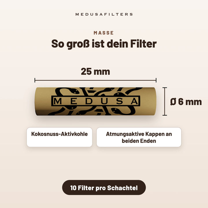 So groß ist dein Filter: ORGANIC Aktivkohlefilter, 25 mm lang, Ø 6 mm, mit Kokosnuss-Aktivkohle und atmungsaktiven Kappen an beiden Enden, 10 Filter pro Schachtel