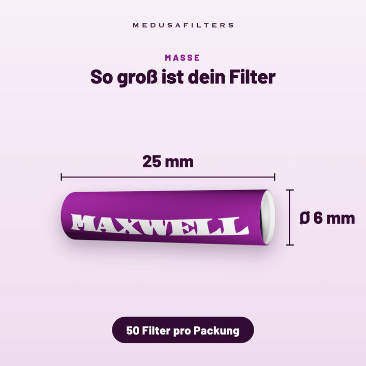 So groß ist dein Filter: Aktivkohlefilter im Design von MAXWELL, 25 mm lang, Ø 6 mm, 50 Filter pro Packung