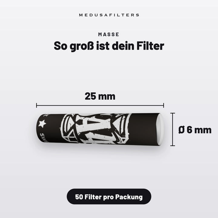 So groß ist dein Filter: Aktivkohlefilter im Design von SA4, 25 mm lang, Ø 6 mm, 50 Filter pro Packung