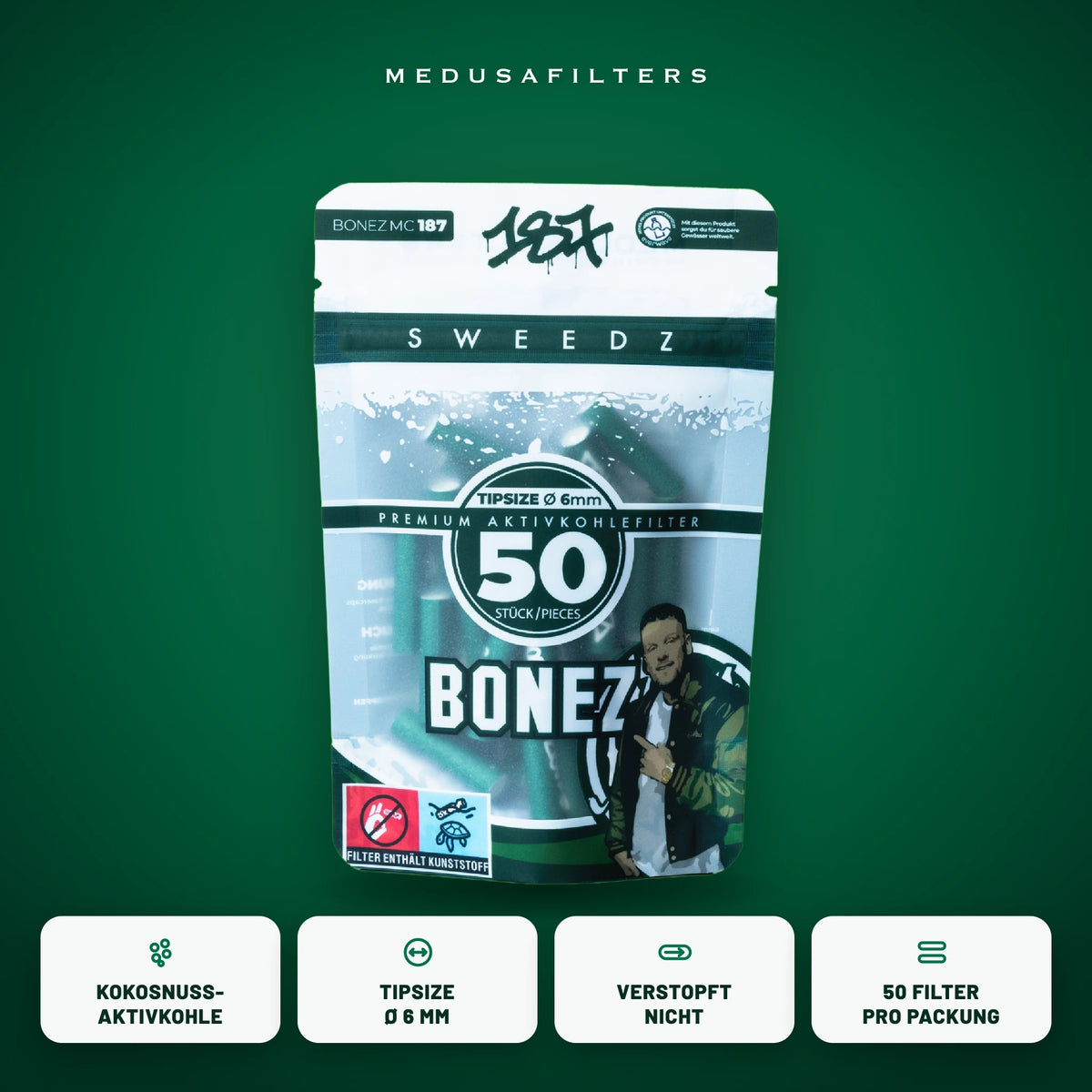 187 Straßenbande Edition BONEZ MC, 50er-Packung Aktivkohlefilter 6 mm mit Kokosnuss-Aktivkohle