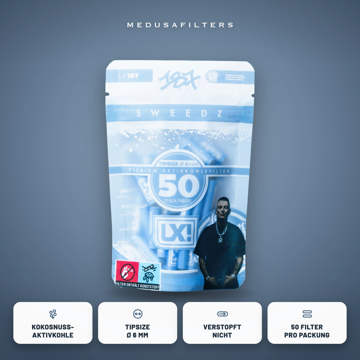 187 Straßenbande Edition LX, 50er-Packung Aktivkohlefilter 6 mm mit Kokosnuss-Aktivkohle