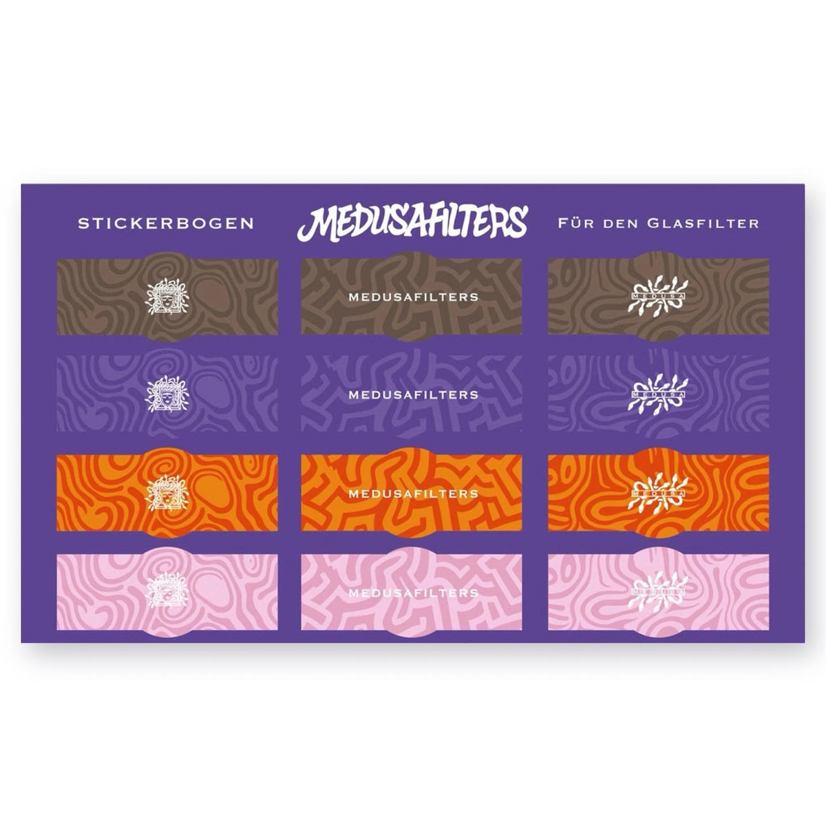 Stickerbogen für den Glasfilter mit 12 Stickern in vier Farben und drei Motiven