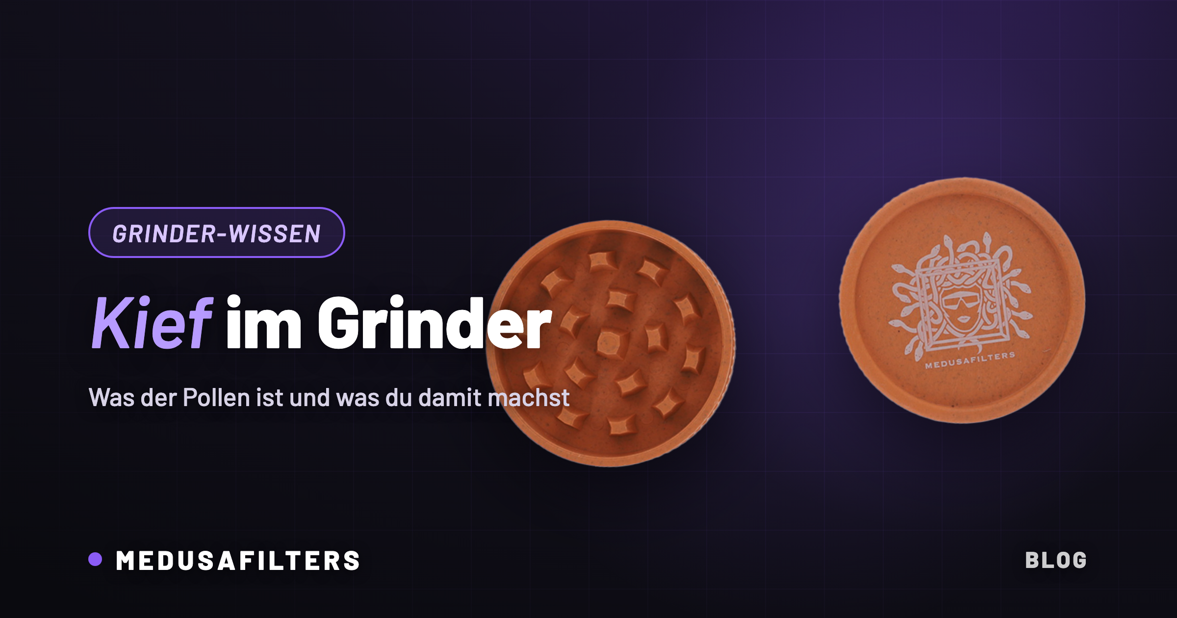 Kief im Grinder: geöffneter Hanf-Grinder von Medusafilters mit Mahlzähnen
