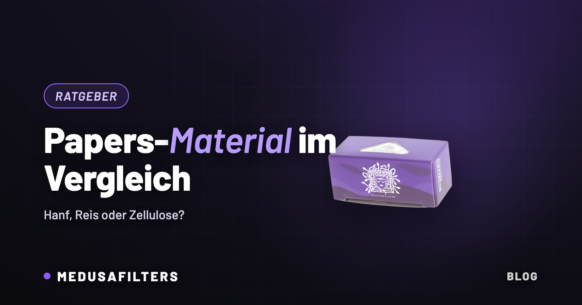 Papers-Material im Vergleich: Medusafilters Rolls Packung vor dunklem Hintergrund, daneben die Frage Hanf, Reis oder Zellulose