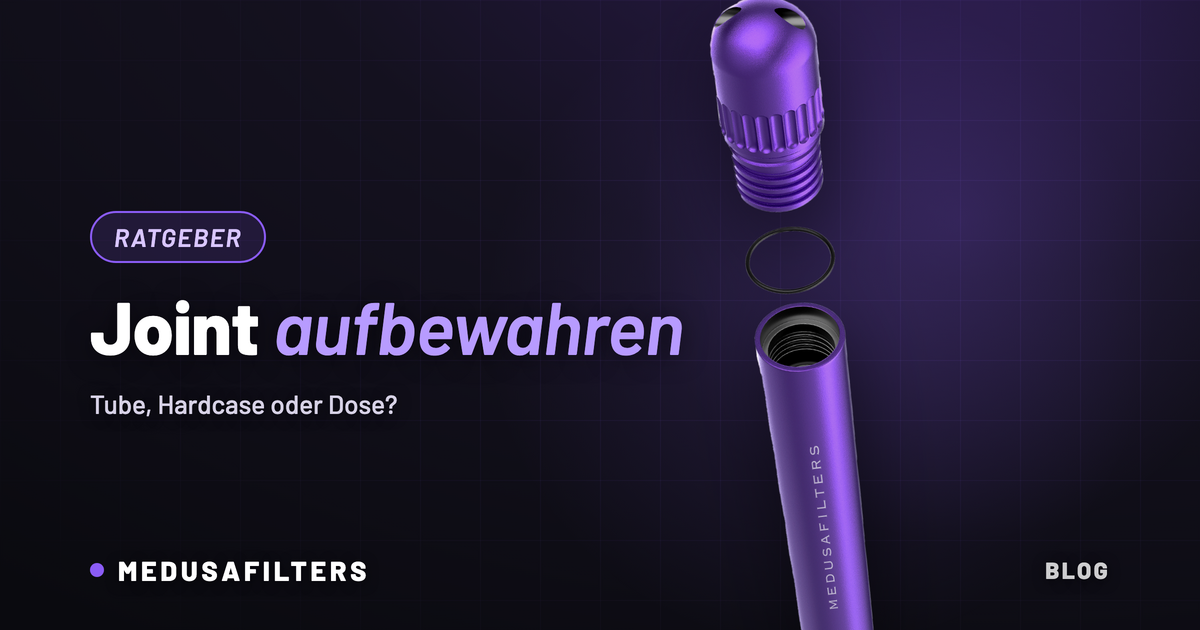 Joint aufbewahren: geöffnetes Joint-Case aus Aluminium in Violett mit Schraubdeckel und Dichtungsring