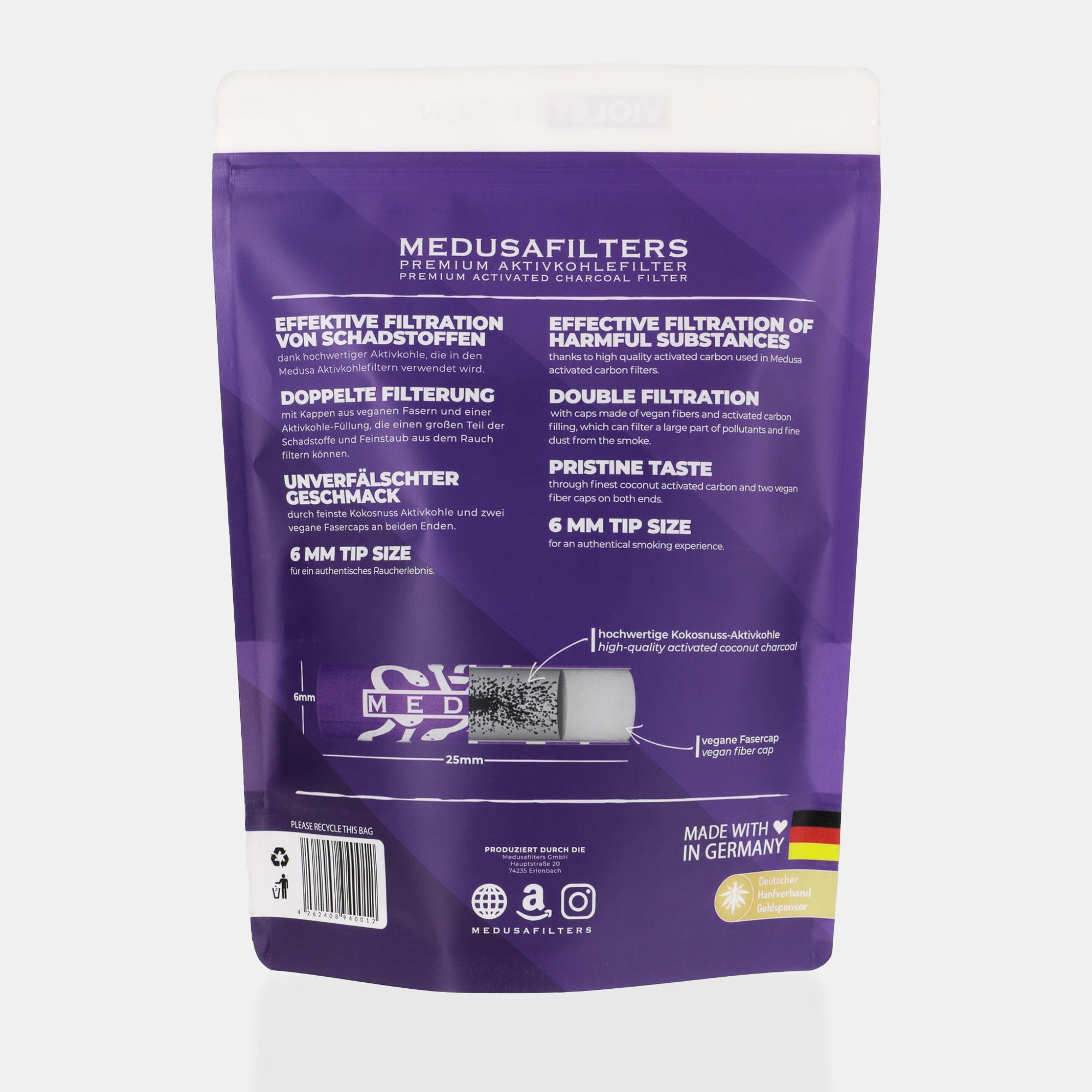 Medusafilters Premium Aktivkohlefilter mit Kokosnuss-Aktivkohle und veganen Fasercaps 1000er Packung VIOLET Edition Tip Size 6 mm Rückseite 
