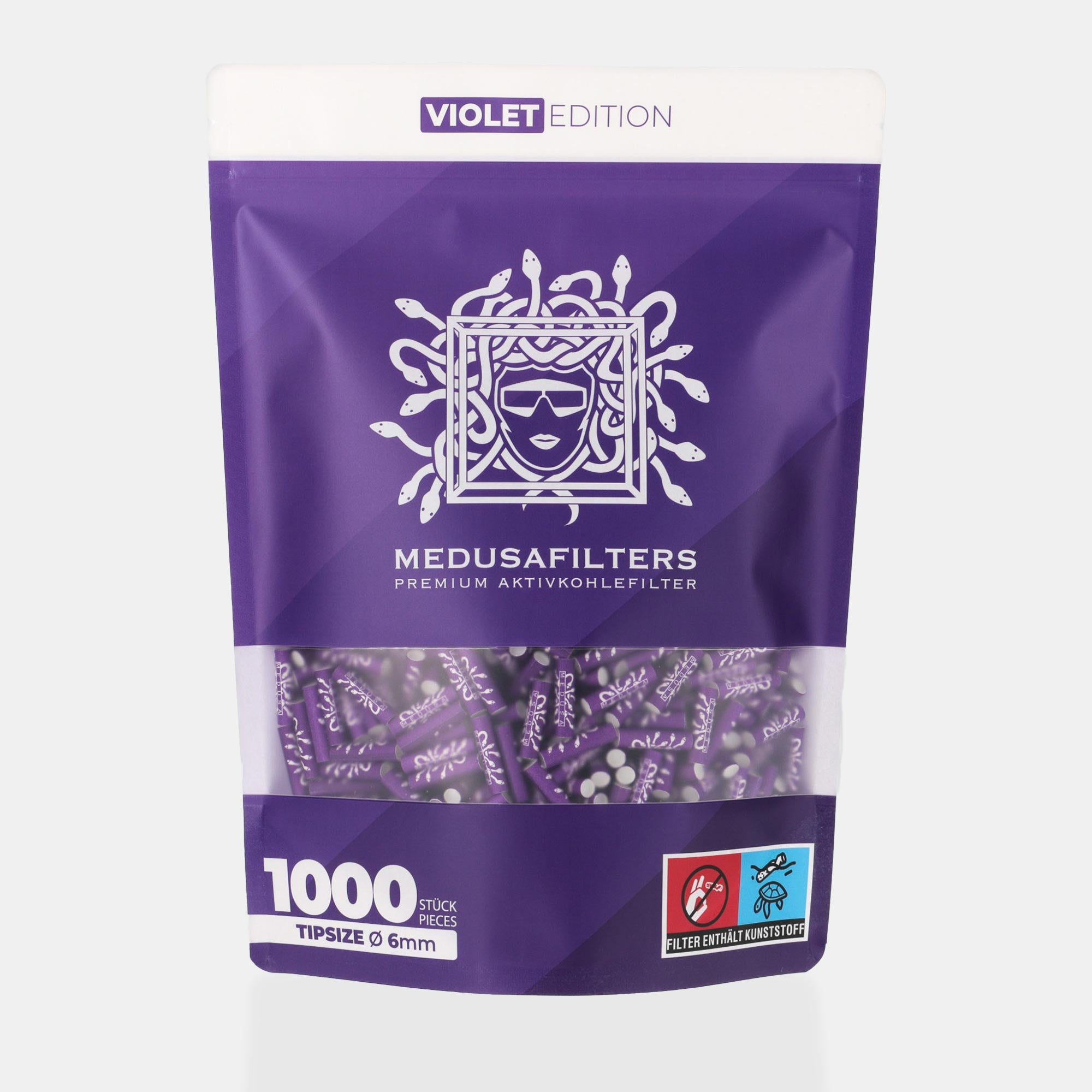 Medusafilters Premium Aktivkohlefilter mit Kokosnuss-Aktivkohle und veganen Fasercaps 1000er Packung VIOLET Edition Tip Size 6 mm Frontansicht 
