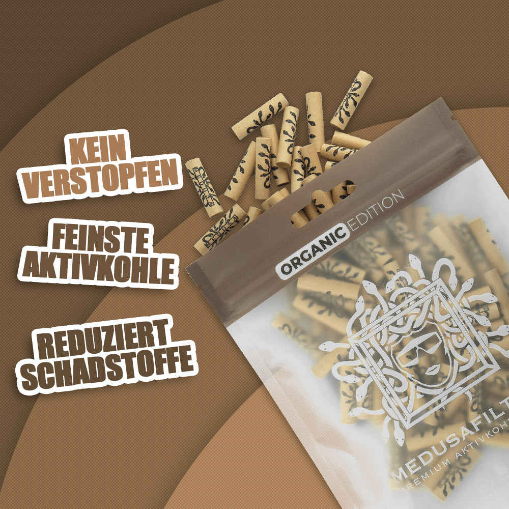 100er Packung ORGANIC Edition - Medusafilters, kein Verstopfen, feinste Aktivkohle, reduziert Schadstoffe