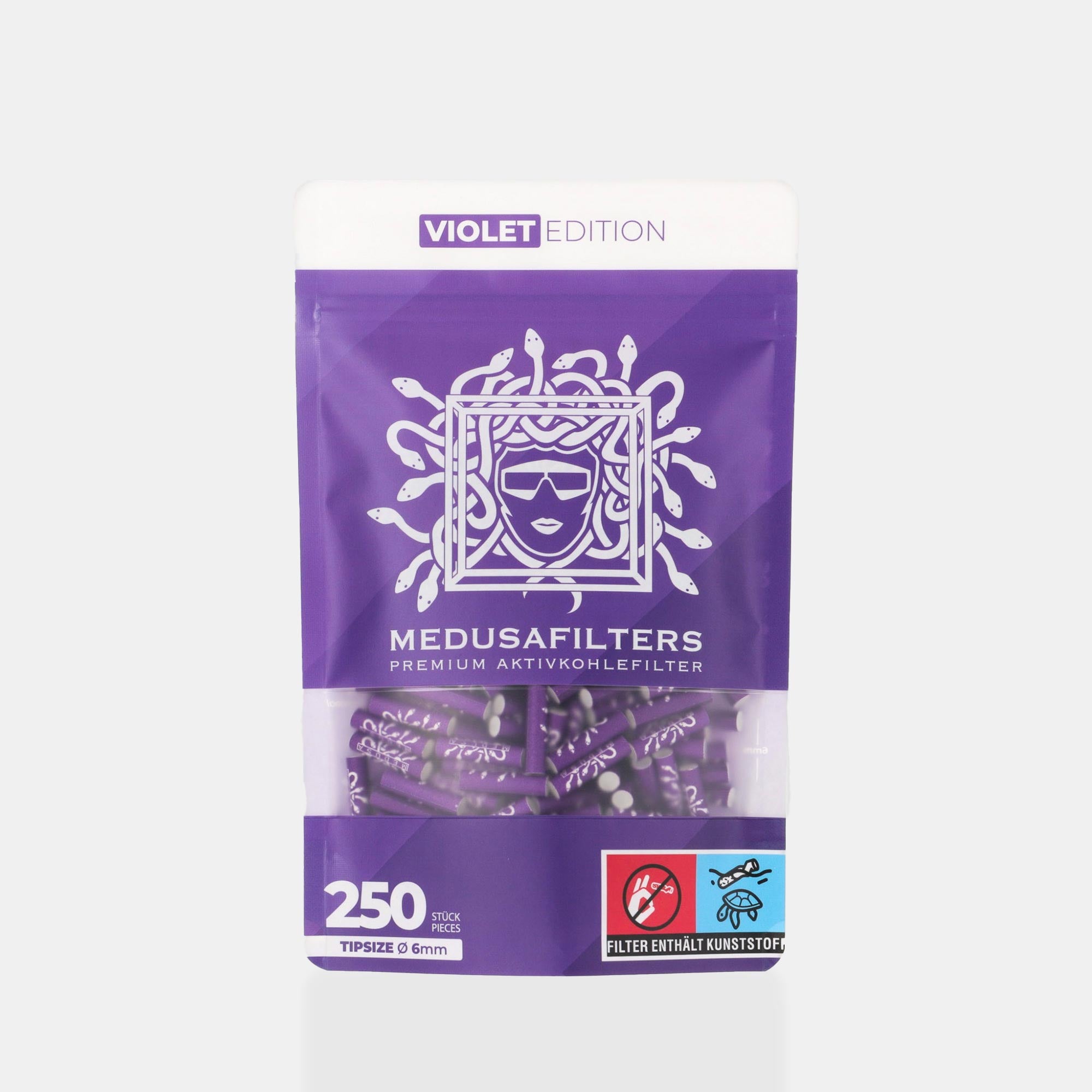 Medusafilters Premium Aktivkohlefilter mit Kokosnuss-Aktivkohle und veganen Fasercaps 250er Packung VIOLET Edition Tip Size 6 mm Frontansicht 
