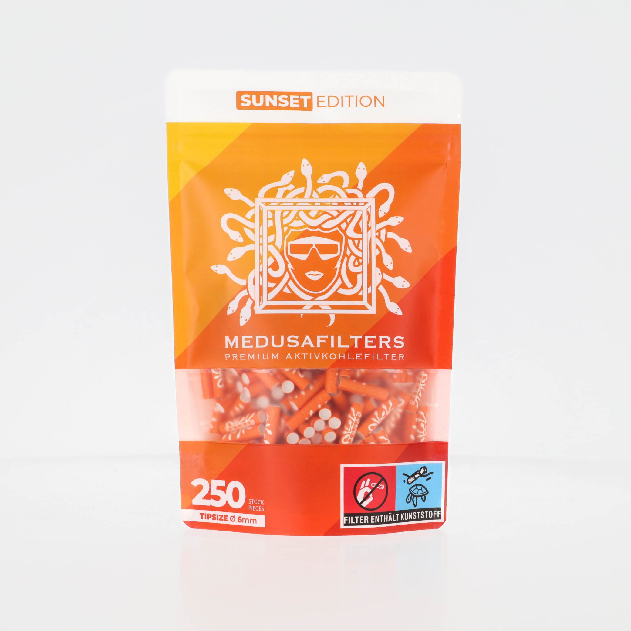 Medusafilters Premium Aktivkohlefilter mit Kokosnuss-Aktivkohle und veganen Fasercaps 250er Packung SUNSET Edition Tip Size 6 mm Frontansicht 
