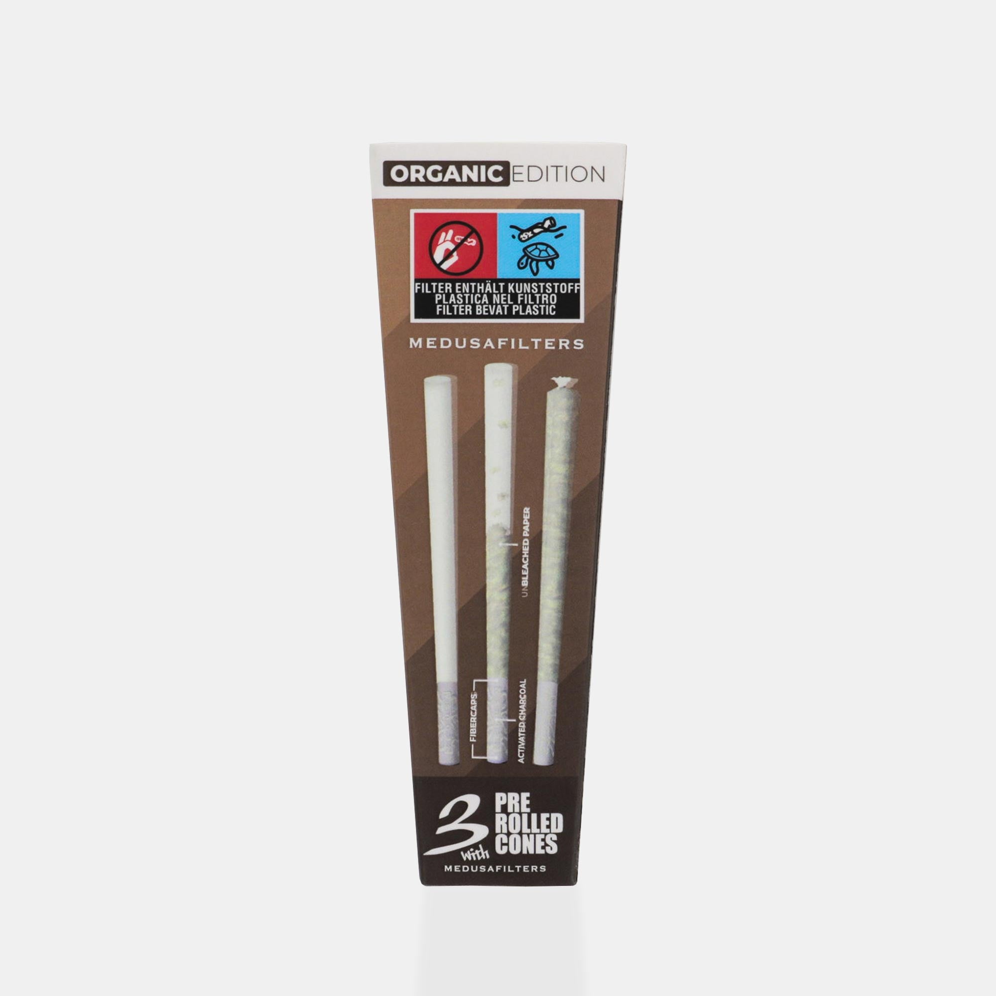 Medusafilters 3 Pre Rolled Cones mit UNBLEACHED Longpapers King Size Slim und Premium Kokosnuss-Aktivkohlefilter ORGANIC Edition Tip Size 6 mm Rückseite