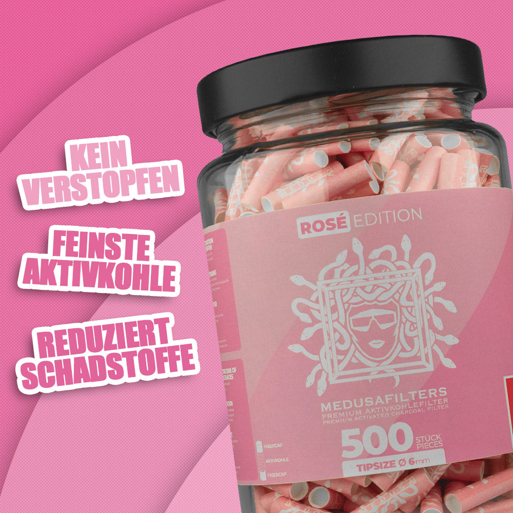 500er Glas ROSE Edition - Medusafilters, kein Verstopfen, feinste Aktivkohle, reduziert Schadstoffe