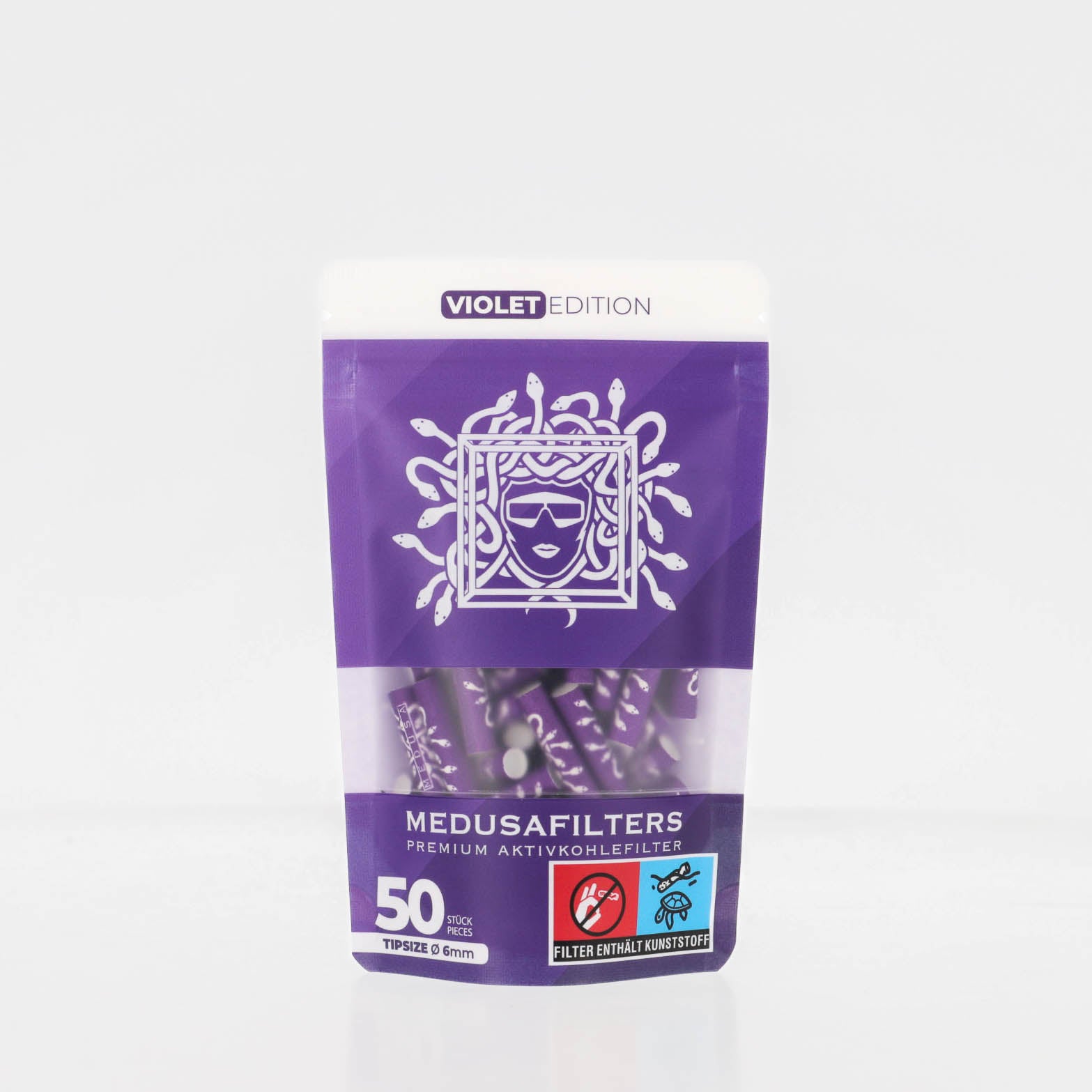 Medusafilters Premium Aktivkohlefilter mit Kokosnuss-Aktivkohle und veganen Fasercaps 50er Packung VIOLET Edition Tip Size 6 mm Frontansicht 
