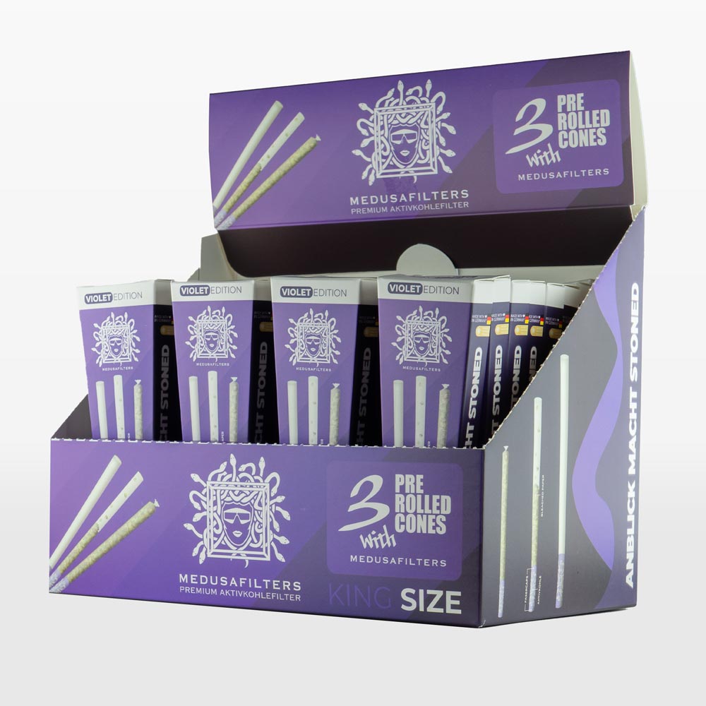 Medusafilters 3 Pre Rolled Cones mit BLEACHED Longpapers King Size Slim und Premium Kokosnuss-Aktivkohlefilter VIOLET Edition Tip Size 6 mm - 32er Display