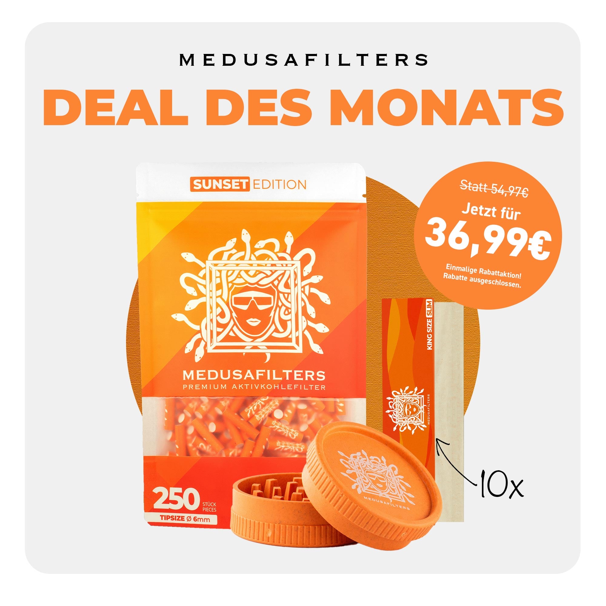 DEAL DES MONATS - 250er Packung SUNSET + 10x Longpapers HEMP + Bio-Hemp Grinder SUNSET