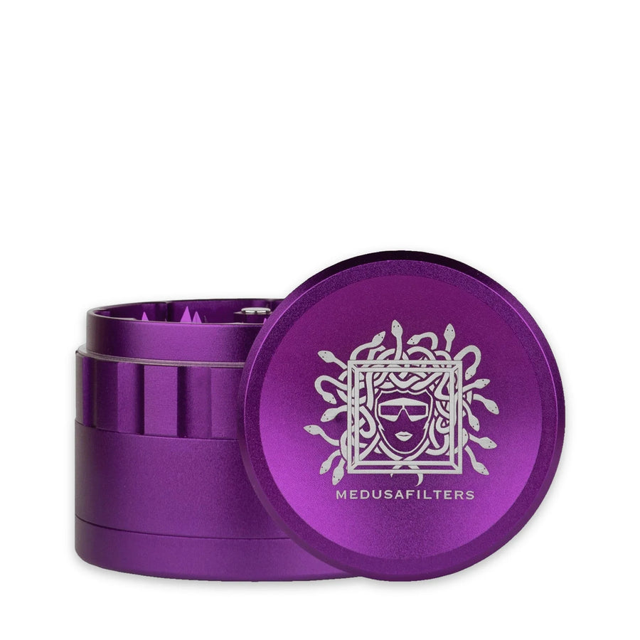 Medusafilters Spike Grinder VIOLET aus eloxiertem Aluminium, Deckel mit Medusa-Logo