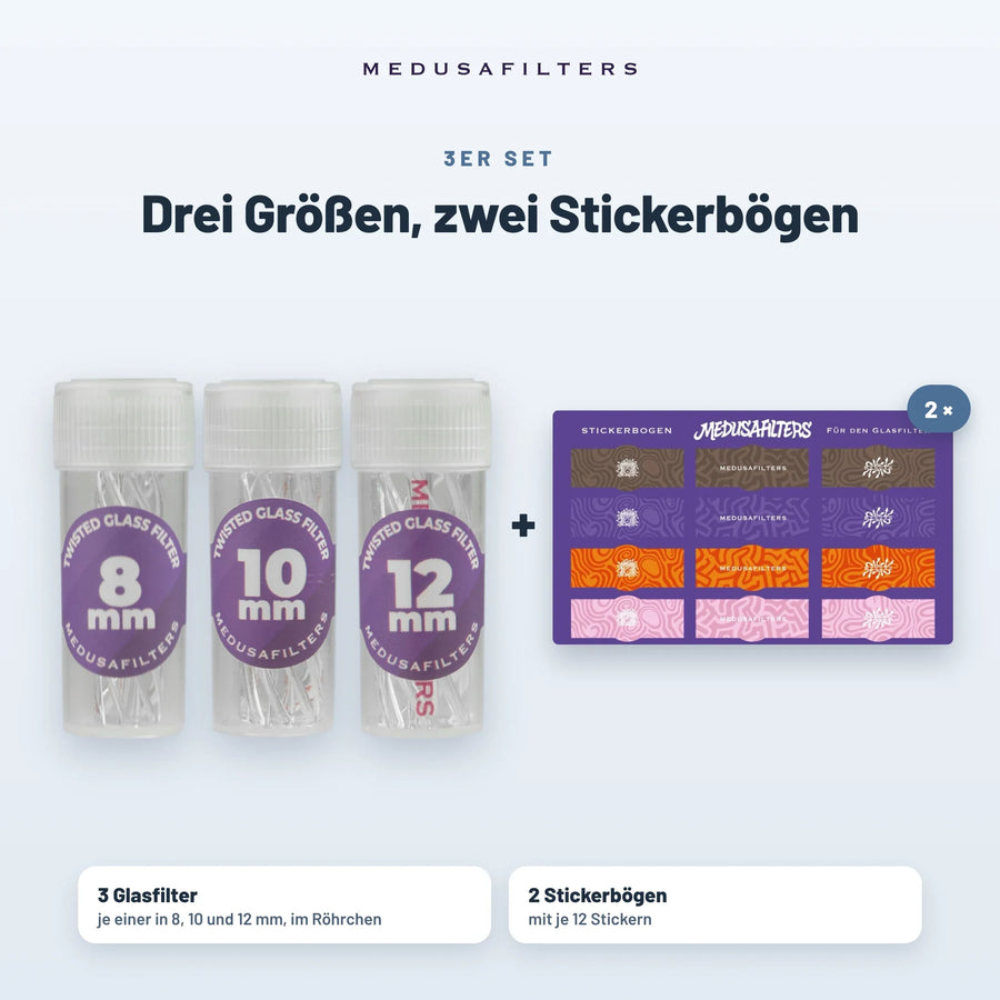 3er Set: drei Glasfilter in 8, 10 und 12 mm im Röhrchen und zwei Stickerbögen mit je 12 Stickern