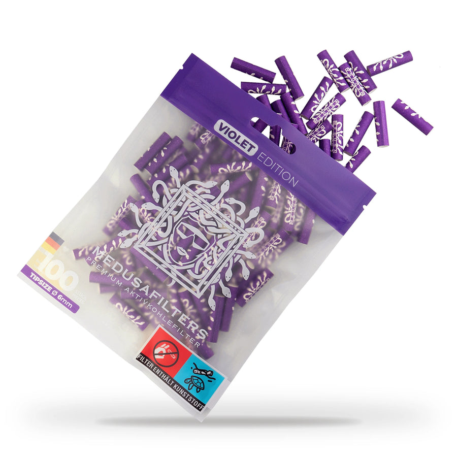 Medusafilters Aktivkohlefilter 6 mm VIOLET Edition, 100er-Packung mit herausfallenden Filtern
