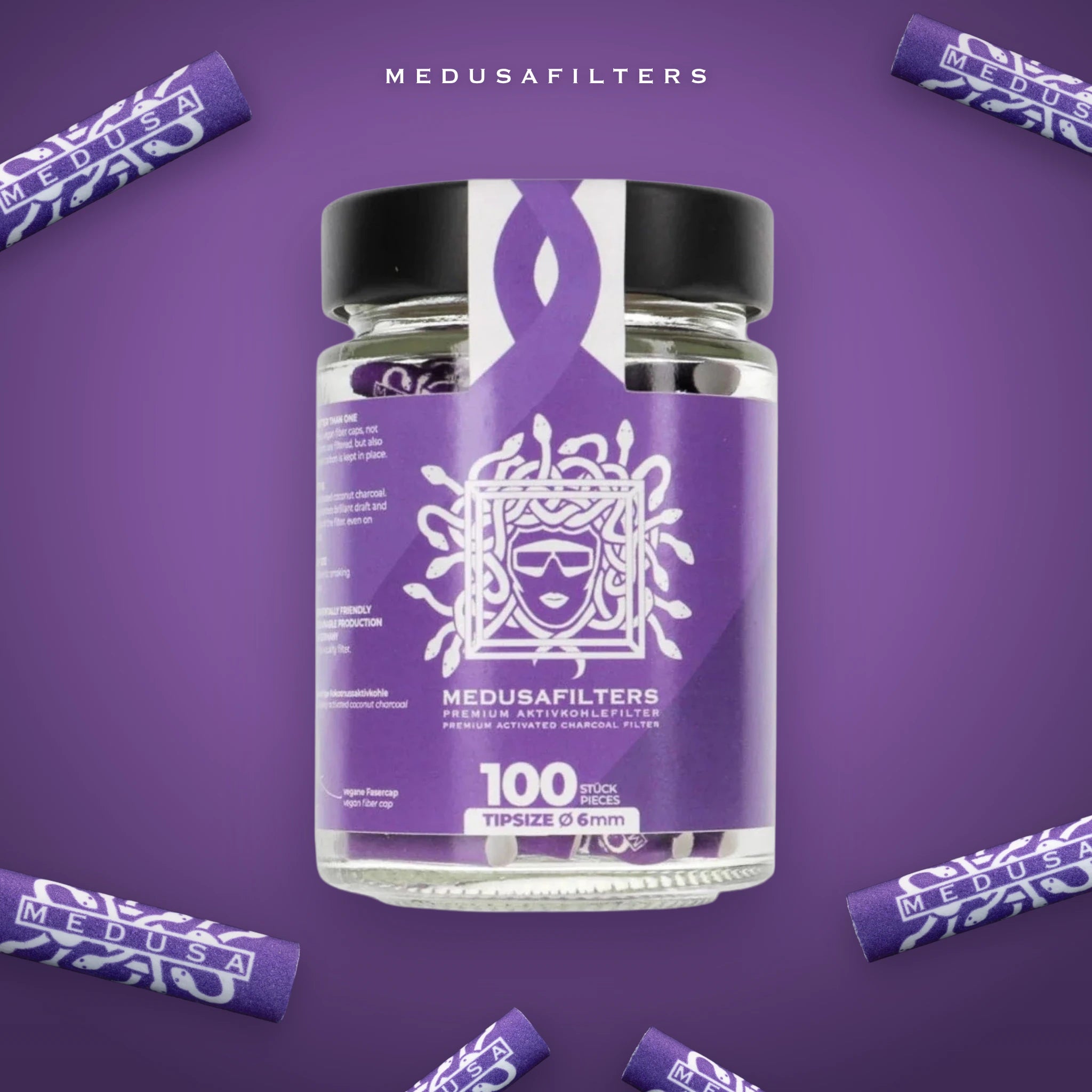 Medusafilters Aktivkohlefilter 6 mm im Glas – 100 Filter VIOLET – Filter im Überblick