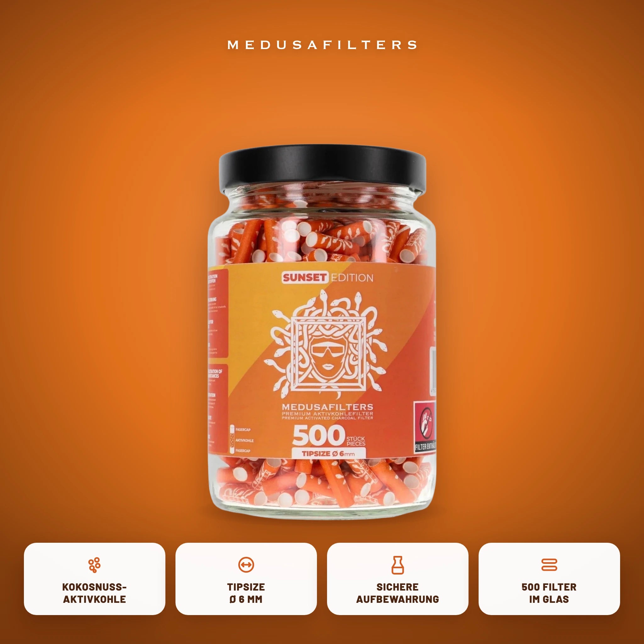 Medusafilters Aktivkohlefilter 6 mm im Glas – 500 Filter SUNSET – Vorteile
