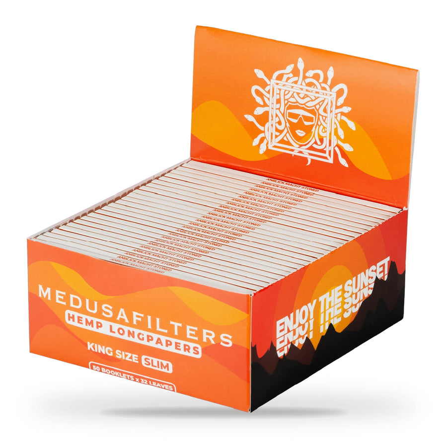 Medusafilters Longpapers King Size Slim SUNSET, 50er-Display mit 50 Heften, Hanfpapier, 32 Blatt pro Heft