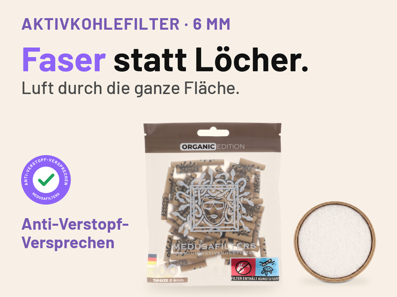 Medusafilters Aktivkohlefilter 6 mm: 100er-Beutel ORGANIC Edition neben einer Faserkappe in Draufsicht. Text: Faser statt Löcher. Luft durch die ganze Fläche. Siegel mit Häkchen: Anti-Verstopf-Versprechen